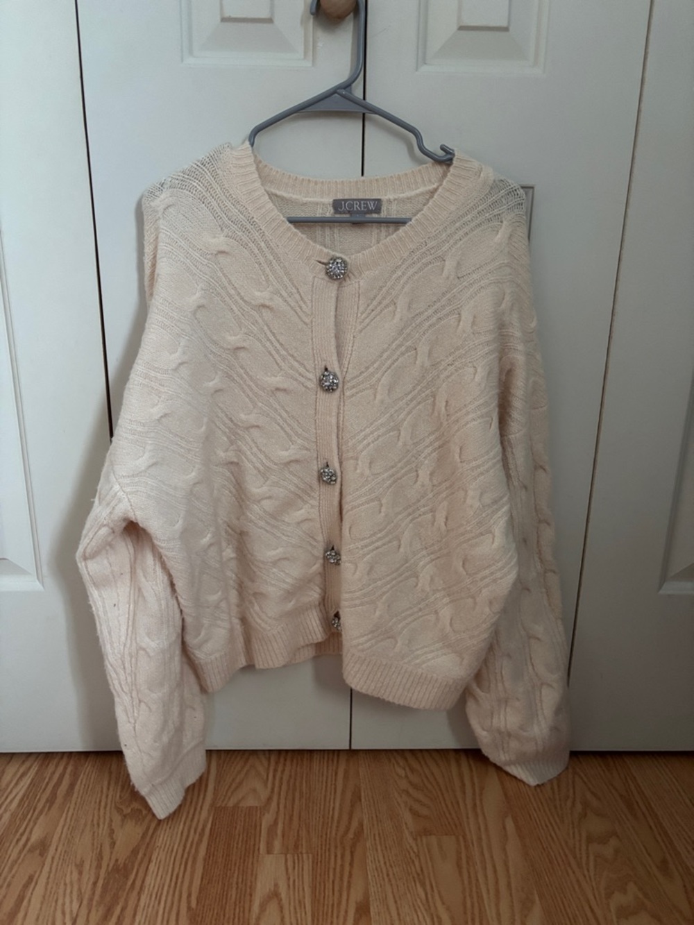 J. Crew Cream Cable Knit Crystal-Button Cardigan